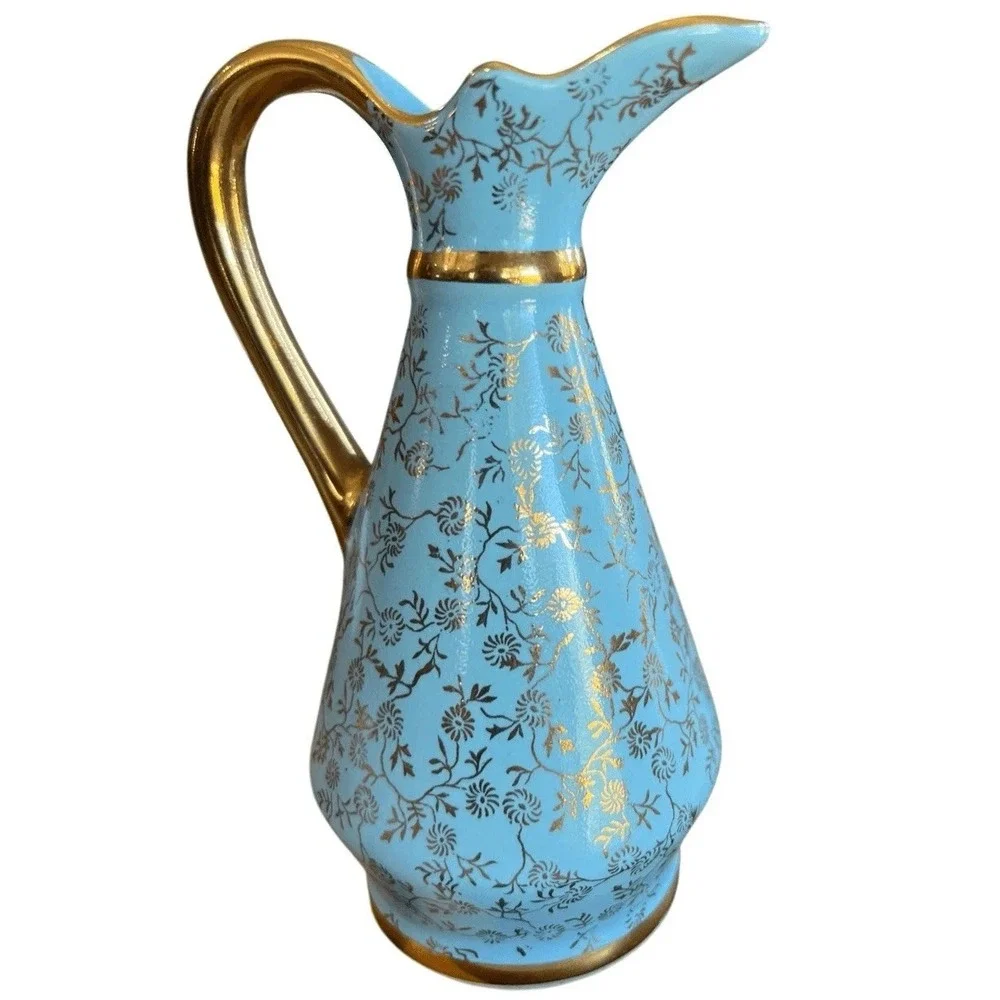 Vintage Pearl China Tiffany Blue Mini Pitcher Creamer Bud Vase 22KT Gold Cottage